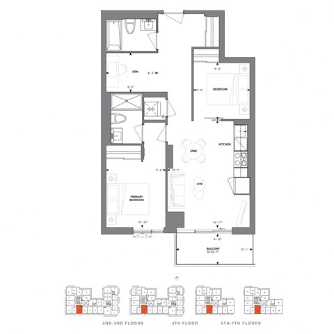 Floor plan for 2 beds, 2 baths, 814 sqft